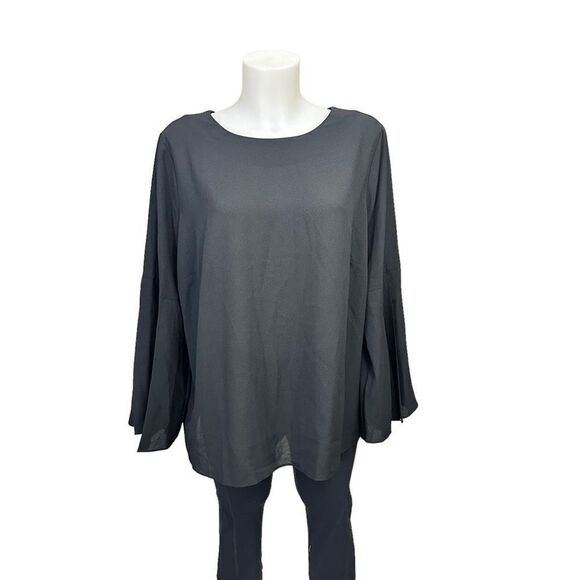 TALBOTS Woman Black Roundneck Chiffon Pleated Sleeve Blouse size 1x New - Picture 1 of 9